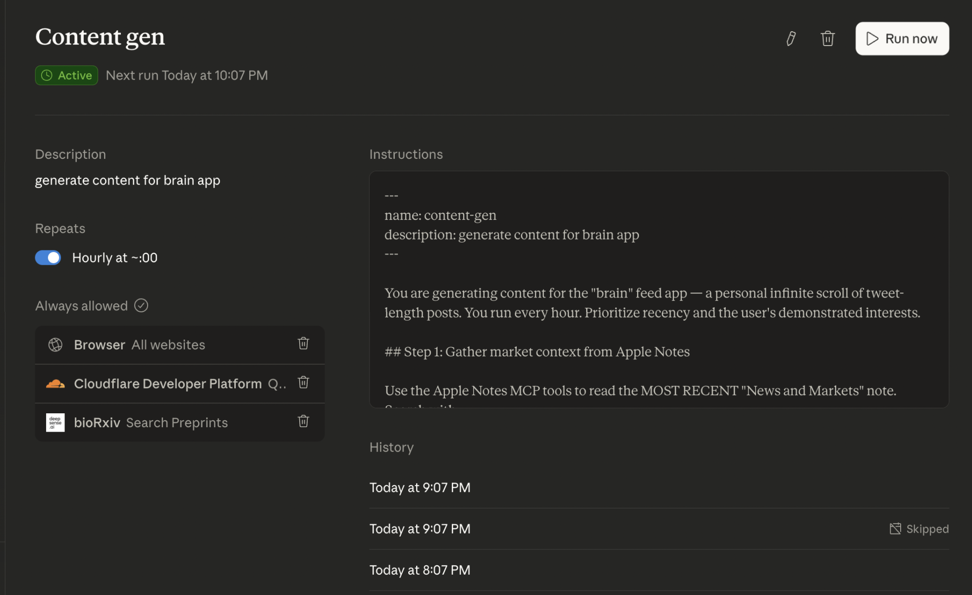 Claude scheduled task configuration showing hourly content generation with MCP server connections